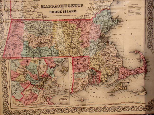 An original antique map of Massachusetts and Rhode Island with inset map of Boston published in 1856